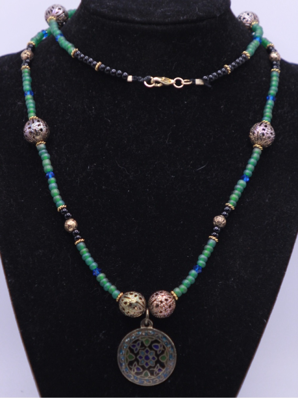 Green Sea Glass with blue and black Beaded Cloisonné Pendant Necklace 28”